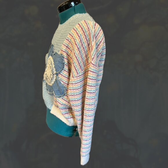 Upcycled spliced wool-blend sweater with denim flower sz S - Picture 6 of 6